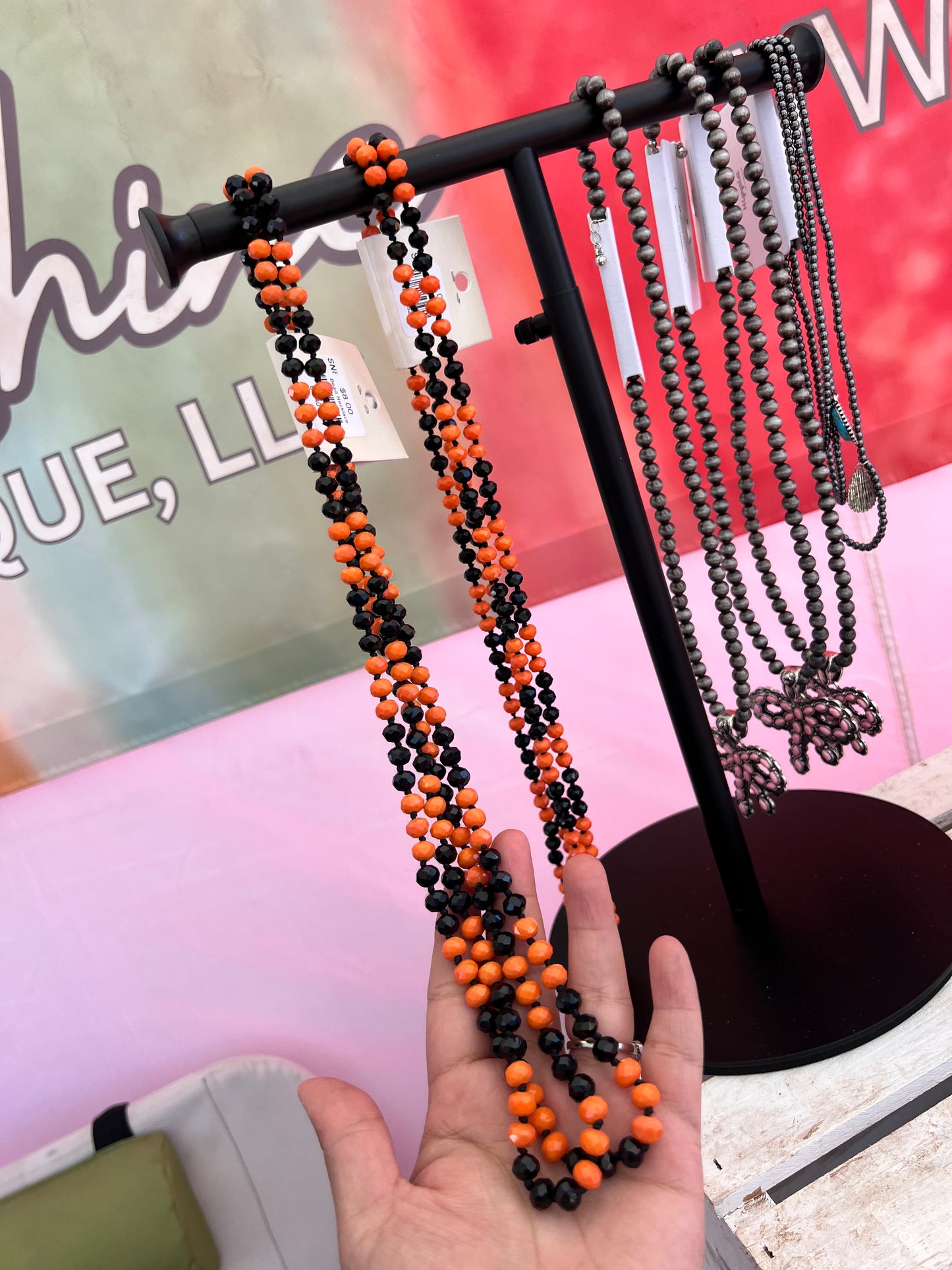 Black and Orange Bead Strand Necklace