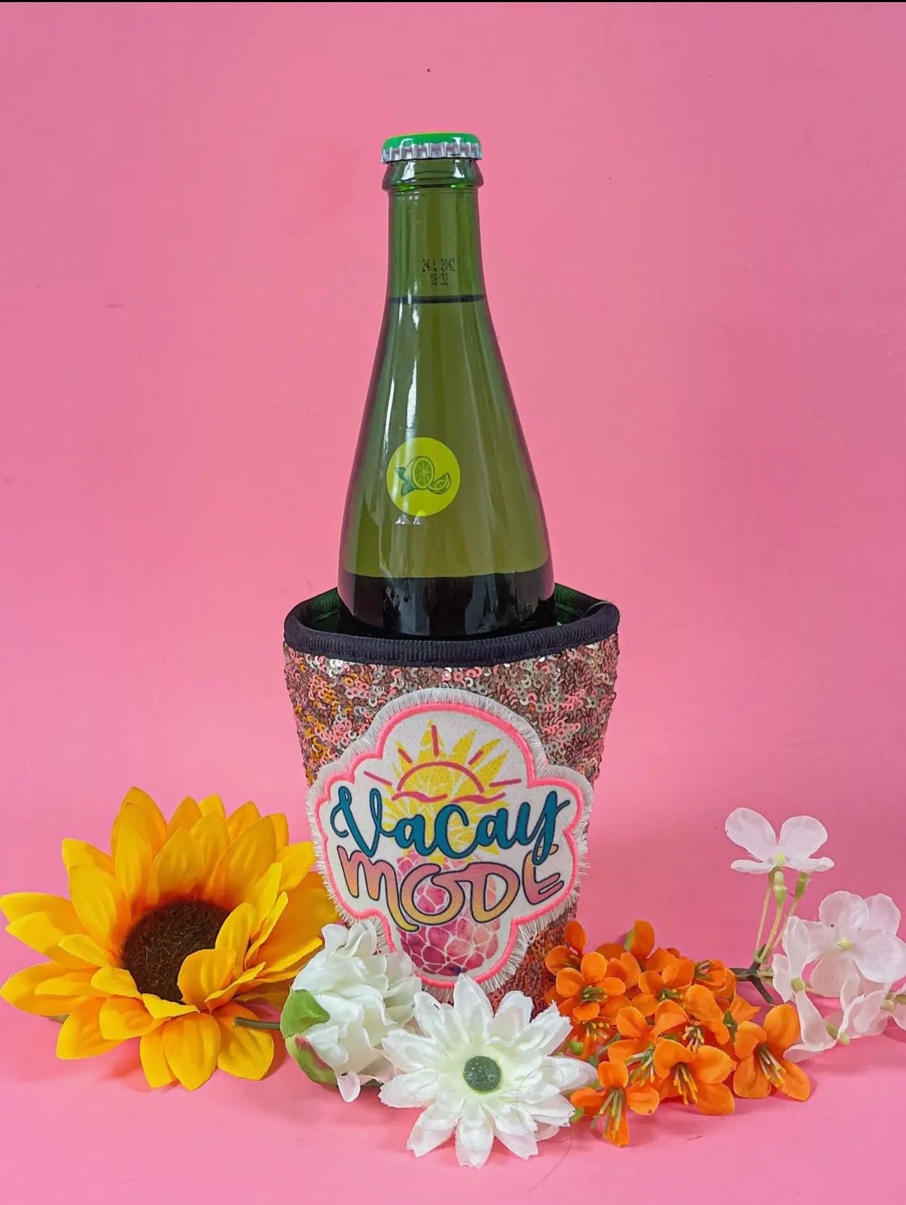 Vacay Mode Sequin Koozie with Black Neoprene Handle