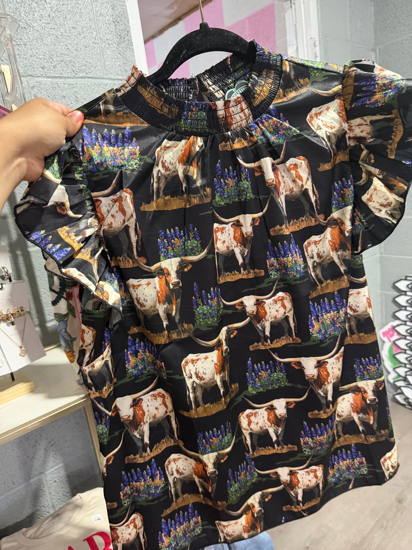 Texas Steer Blue Bonnet Top