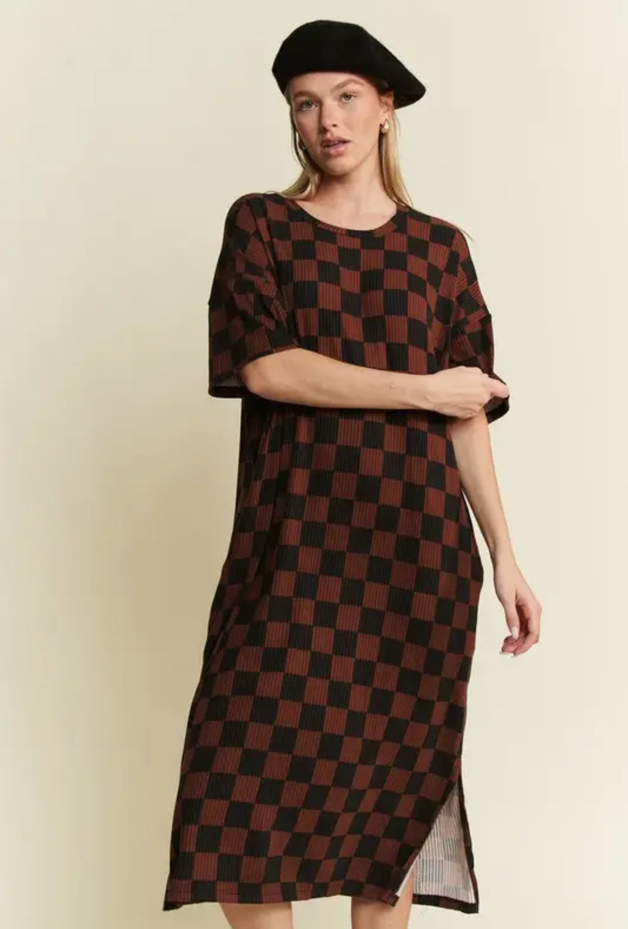 Sienna Street Brown Checkered Midi Dress