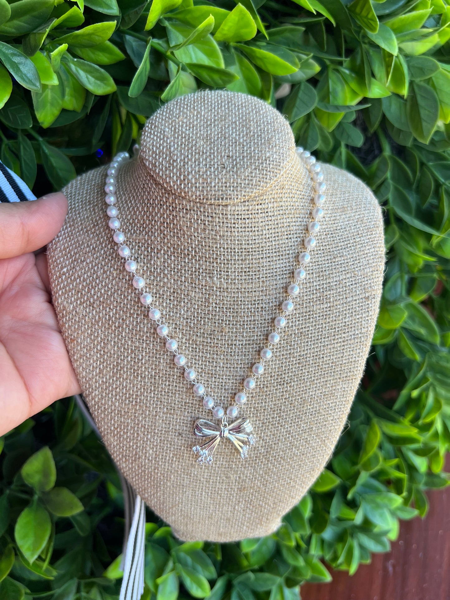 Pearl Necklace with Dainty Silver Bow