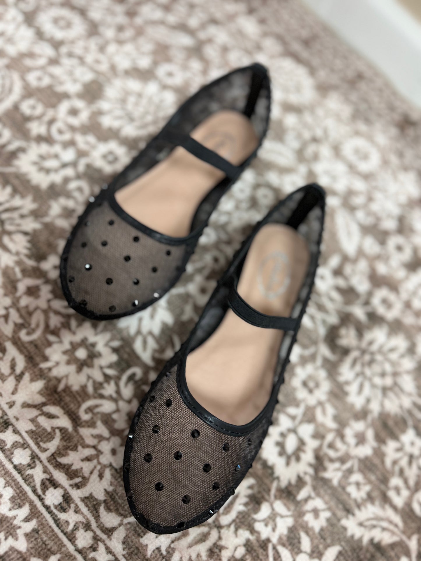 Rhinestone Mesh Ballet Flats - Black