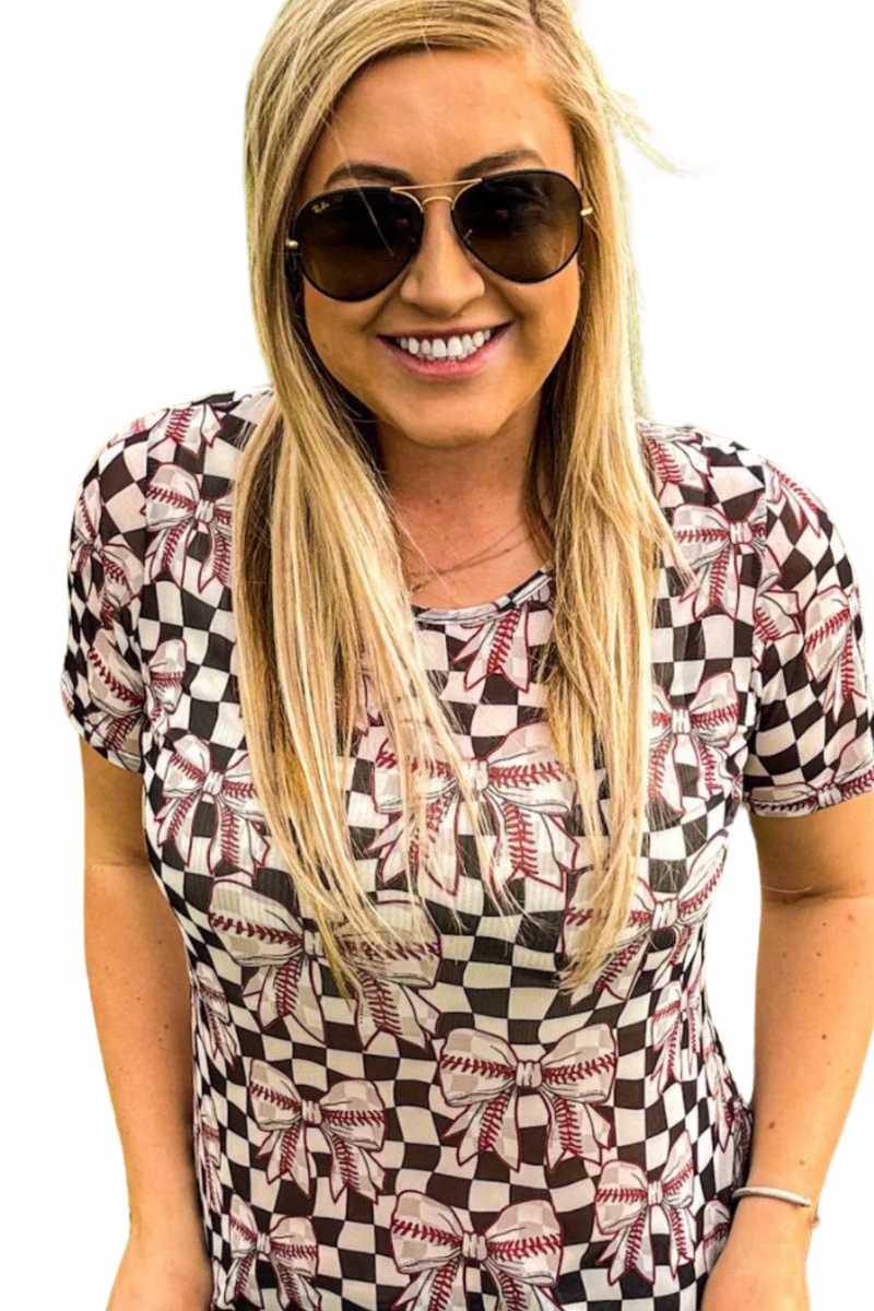 Baseball Bow Checkered Mesh Short Sleeve Top