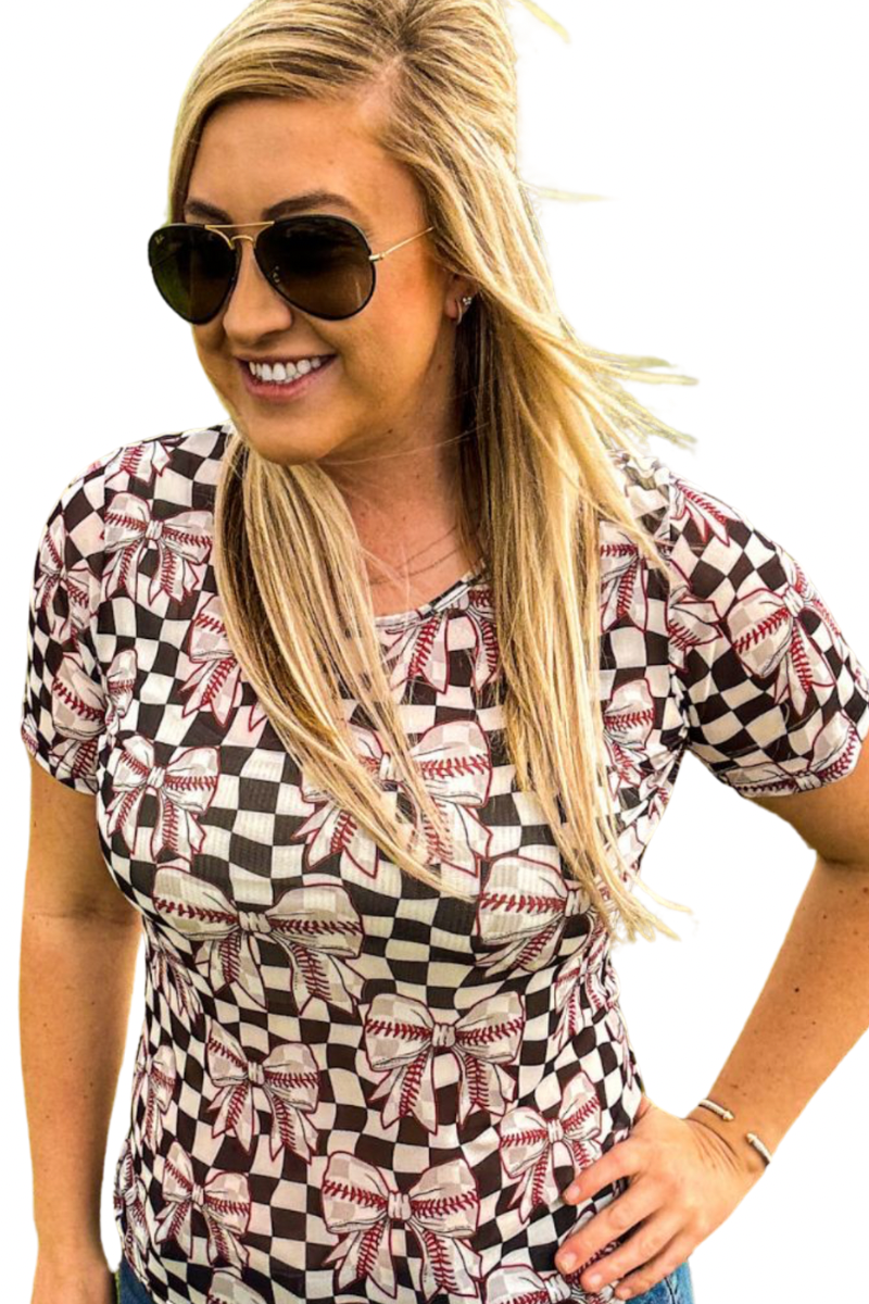 Baseball Bow Checkered Mesh Short Sleeve Top