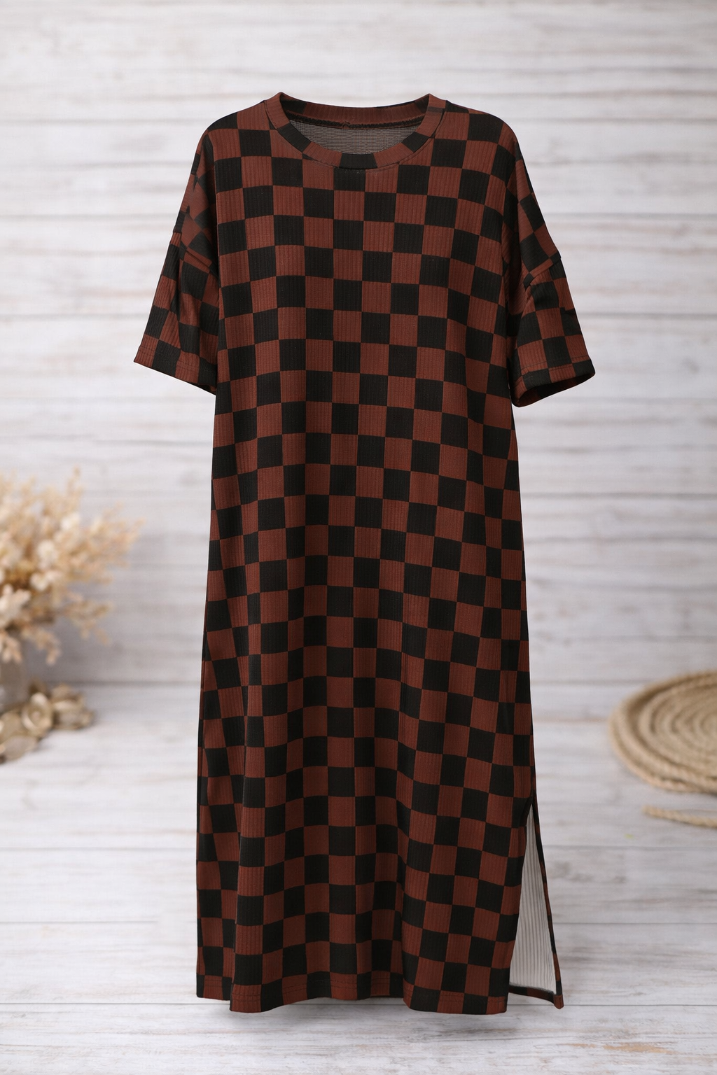 Sienna Street Brown Checkered Midi Dress