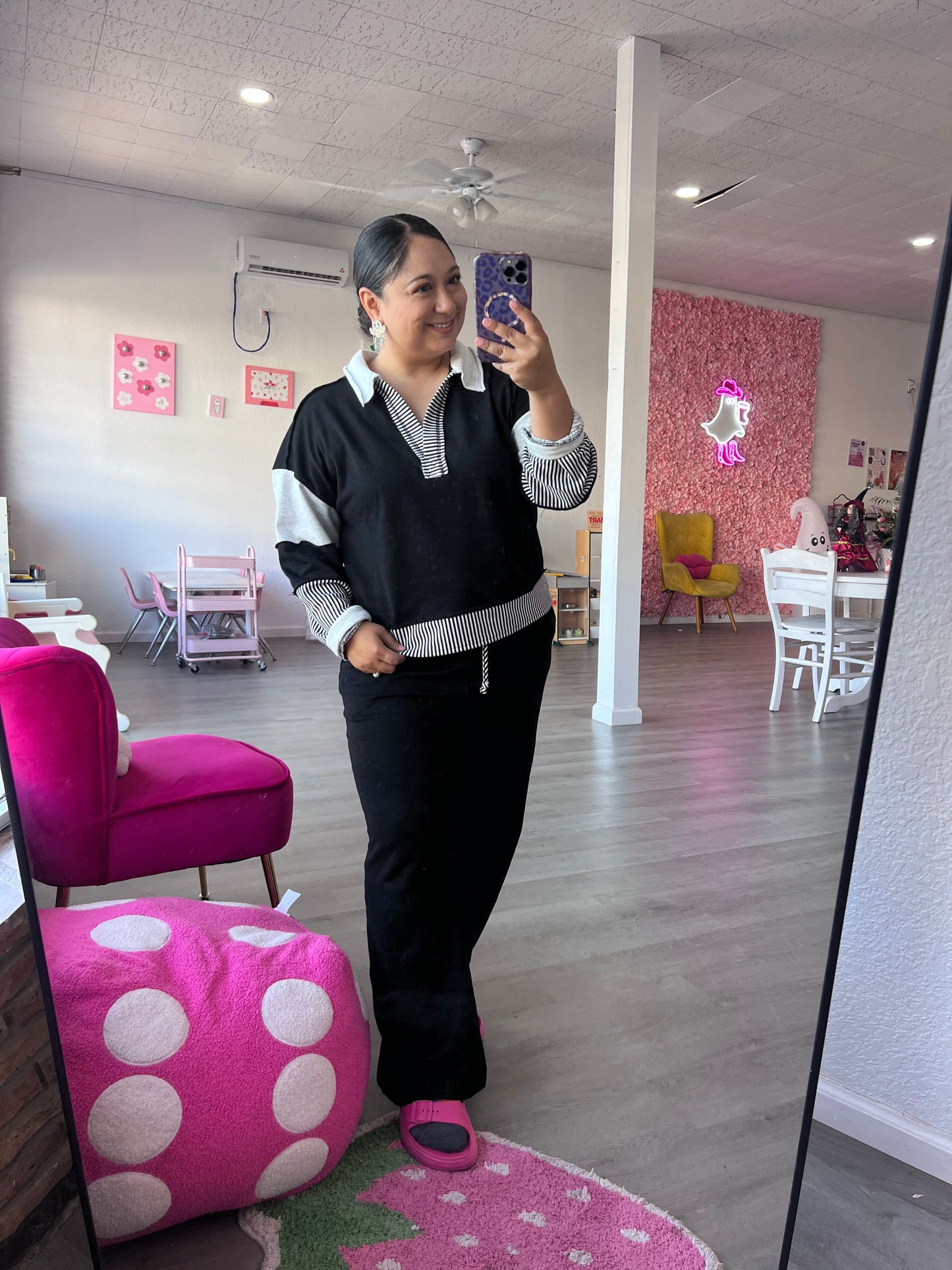 Megora Color Block Top and Pant Set - Black