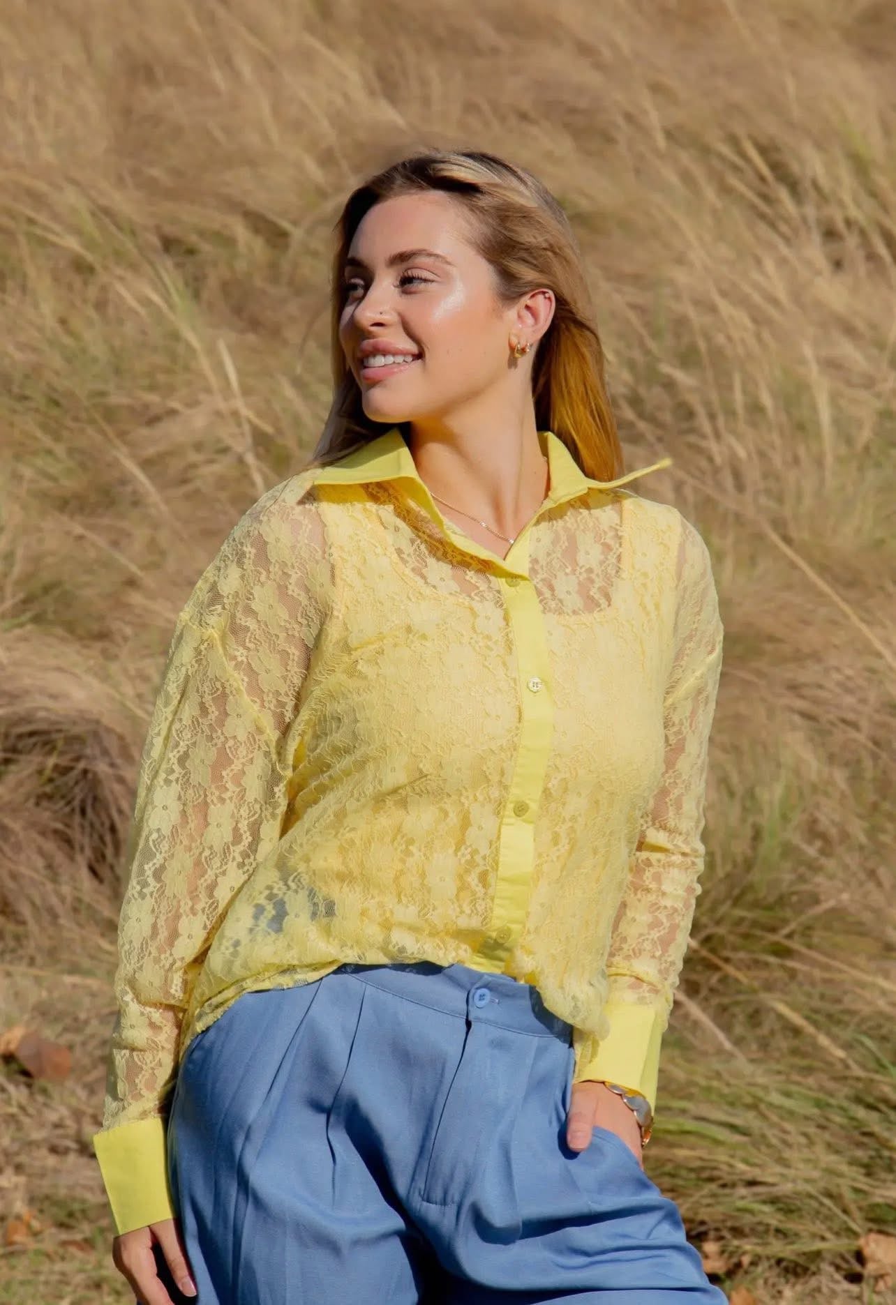Golden Hour Lace Button Up Top