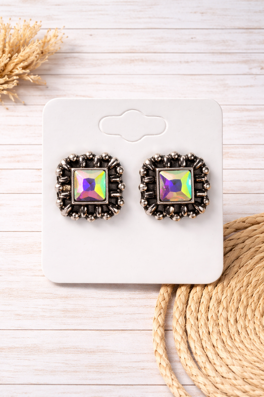 Square Crystal Stud Earrings - Silver