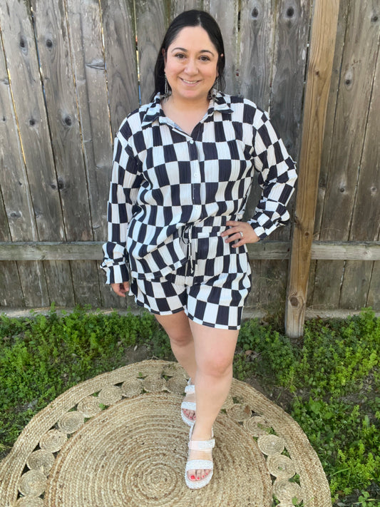 Checking My Plans Checkered Pleated Top and Shorts Set