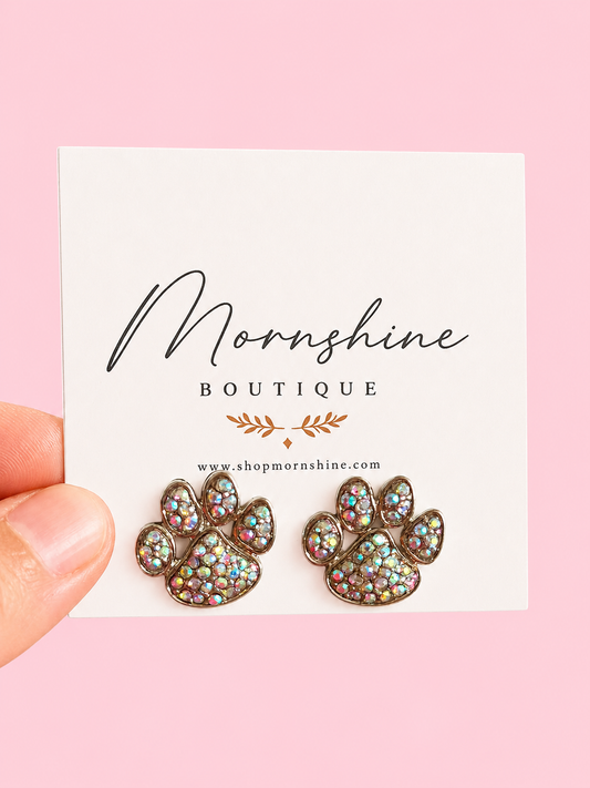 Paw Print Silver Rhinestone Studs