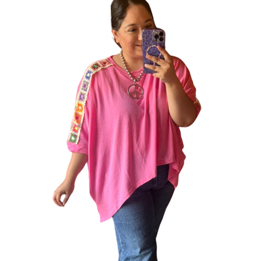 Pink Oversized Top with Crochet Sleeves