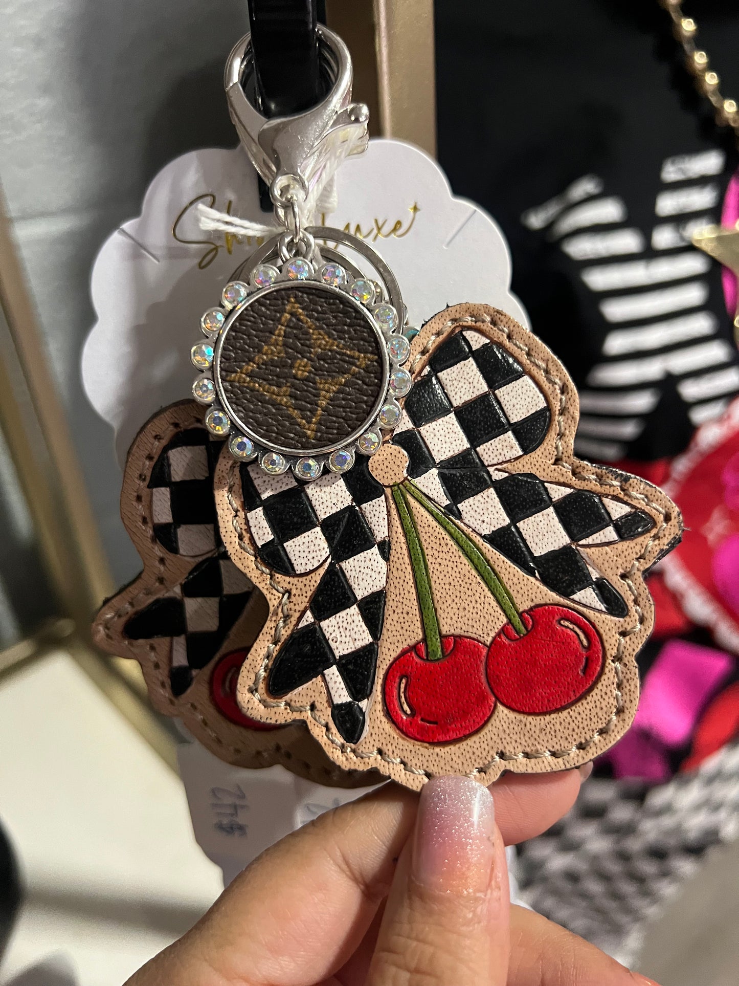 Cherry Check Luxe Bow Keychain
