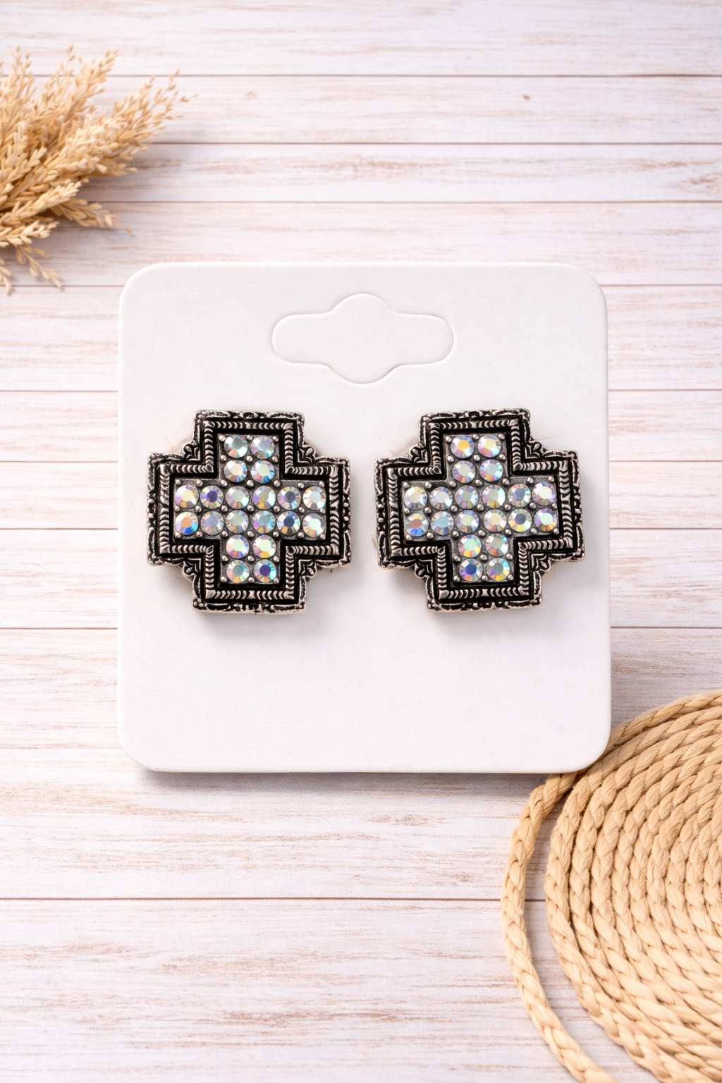 Cross Crystal Stud Earrings - Silver