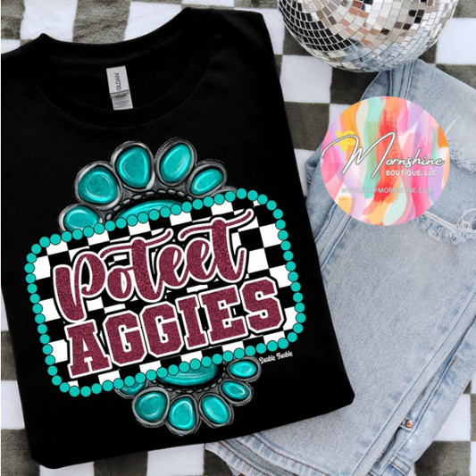 Poteet Aggies Turquoise Checkered Tee