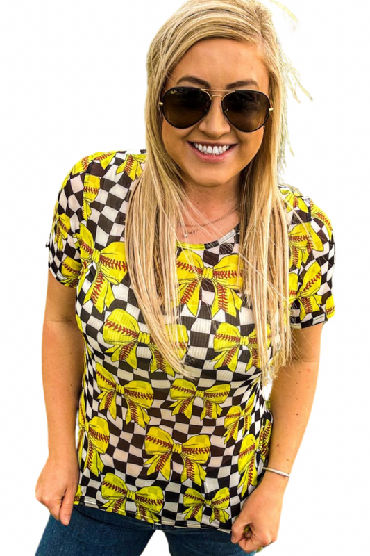 Softball Bow Checkered Mesh Short Sleeve Top