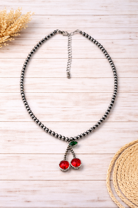 Cherry Rhinestone Necklace - Silver Beads