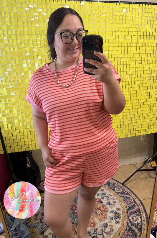 Pink and Red Striped Short Set