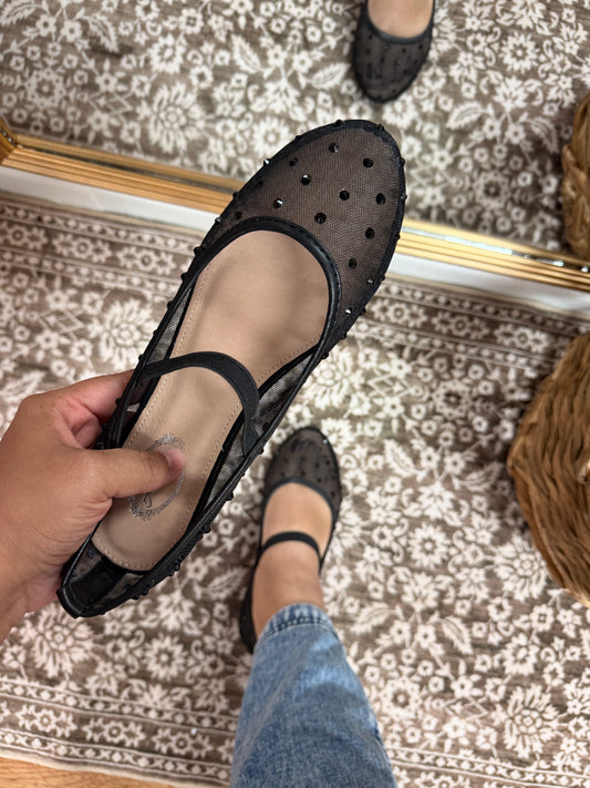 Rhinestone Mesh Ballet Flats - Black