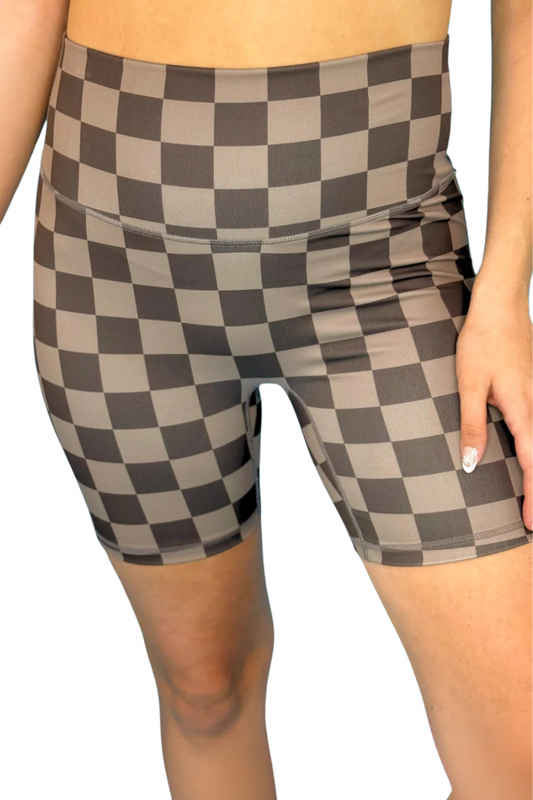 Brown Checkered Biker Shorts
