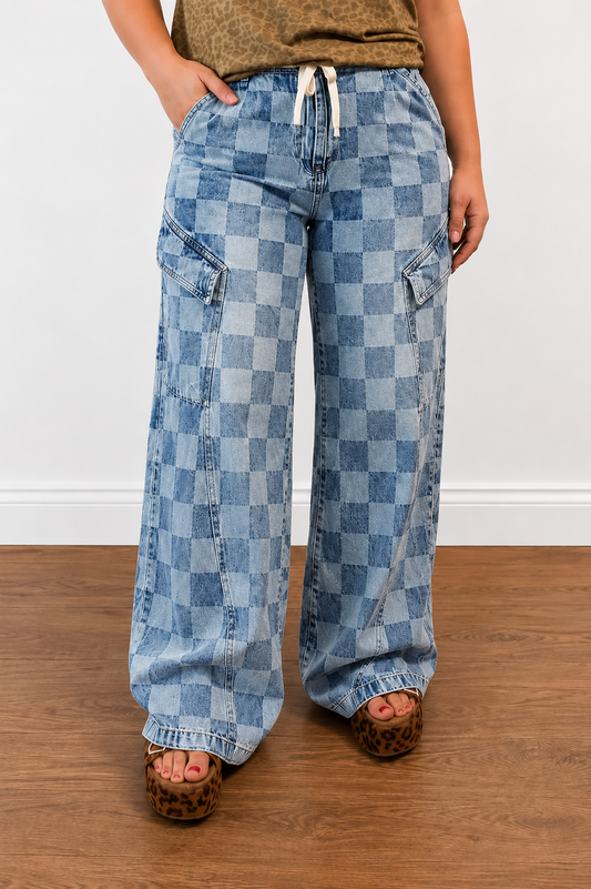 Checkered Denim Cargo Pants